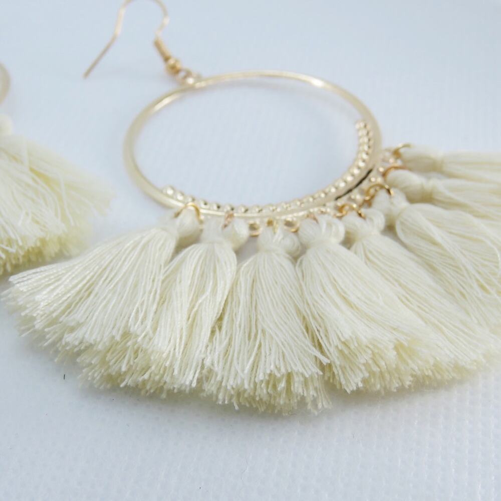 Francesca's Boho Cream Gold Hoop Tassel Earrings - Picture 4 of 5